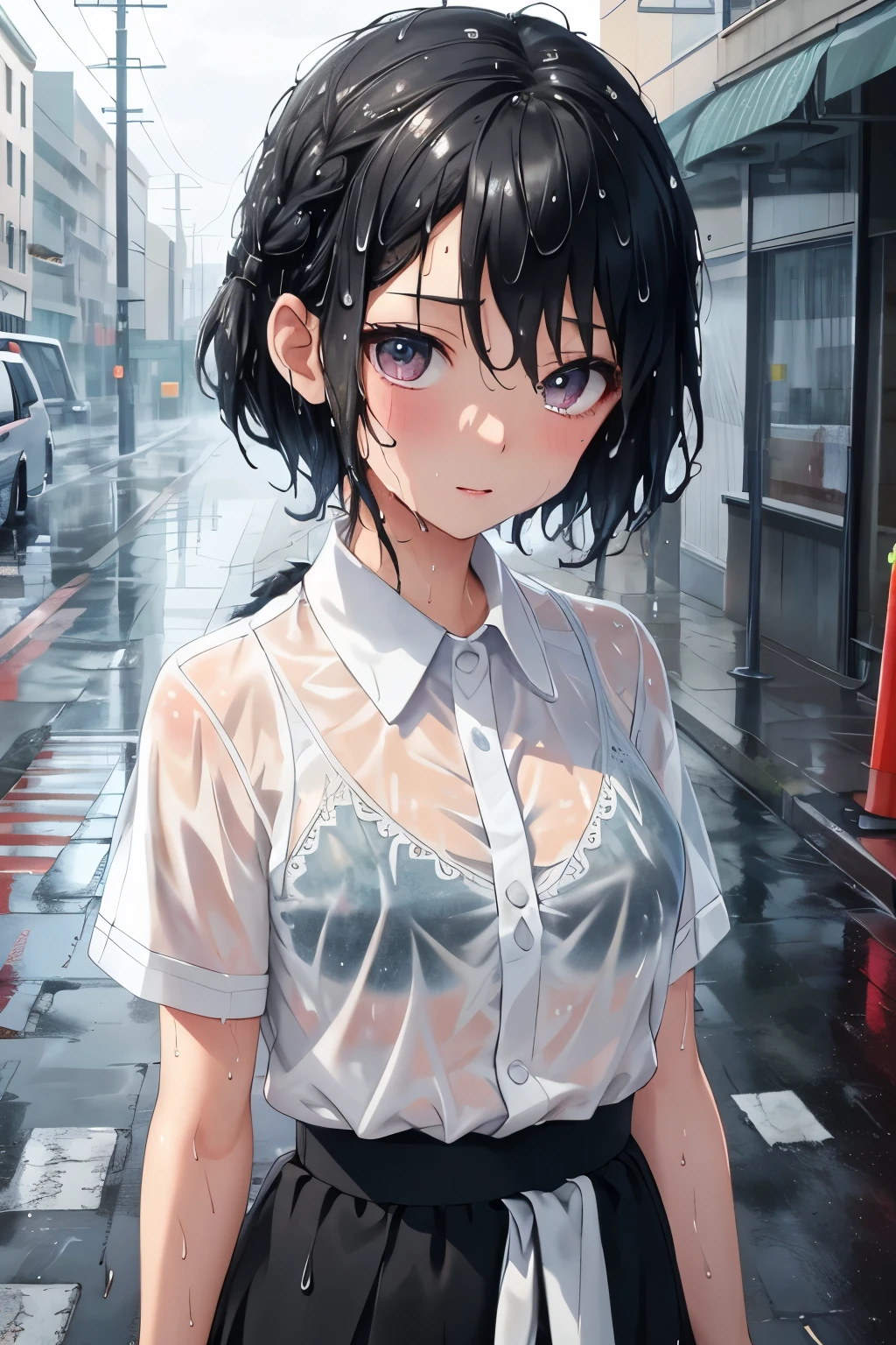 Highest quality,figure, wallpaper, Super detailed, Absurd, 1人のcute少女, alone, (Medium Short Hair, Short braided hair), cute, Beautiful attention to detail, Rainfall、Water droplets fall、Wet your hair , (Wet clothes:1.4), (street:1.3), Cloudy, Hair blowing in the wind, Sheltering from the Rain,