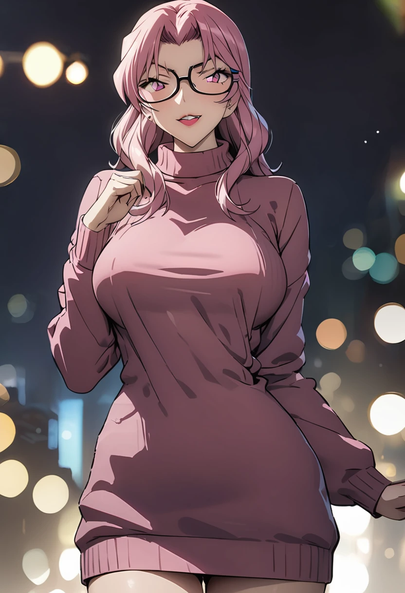 (breathtaking mature beauty,intellectual and elegant,luminous pink sweater,(best quality,masterpiece:1.2),full-length shot,perfect figure,wearing glasses,ultra-clear,exquisite facial features,ultra-detailed,bokeh)