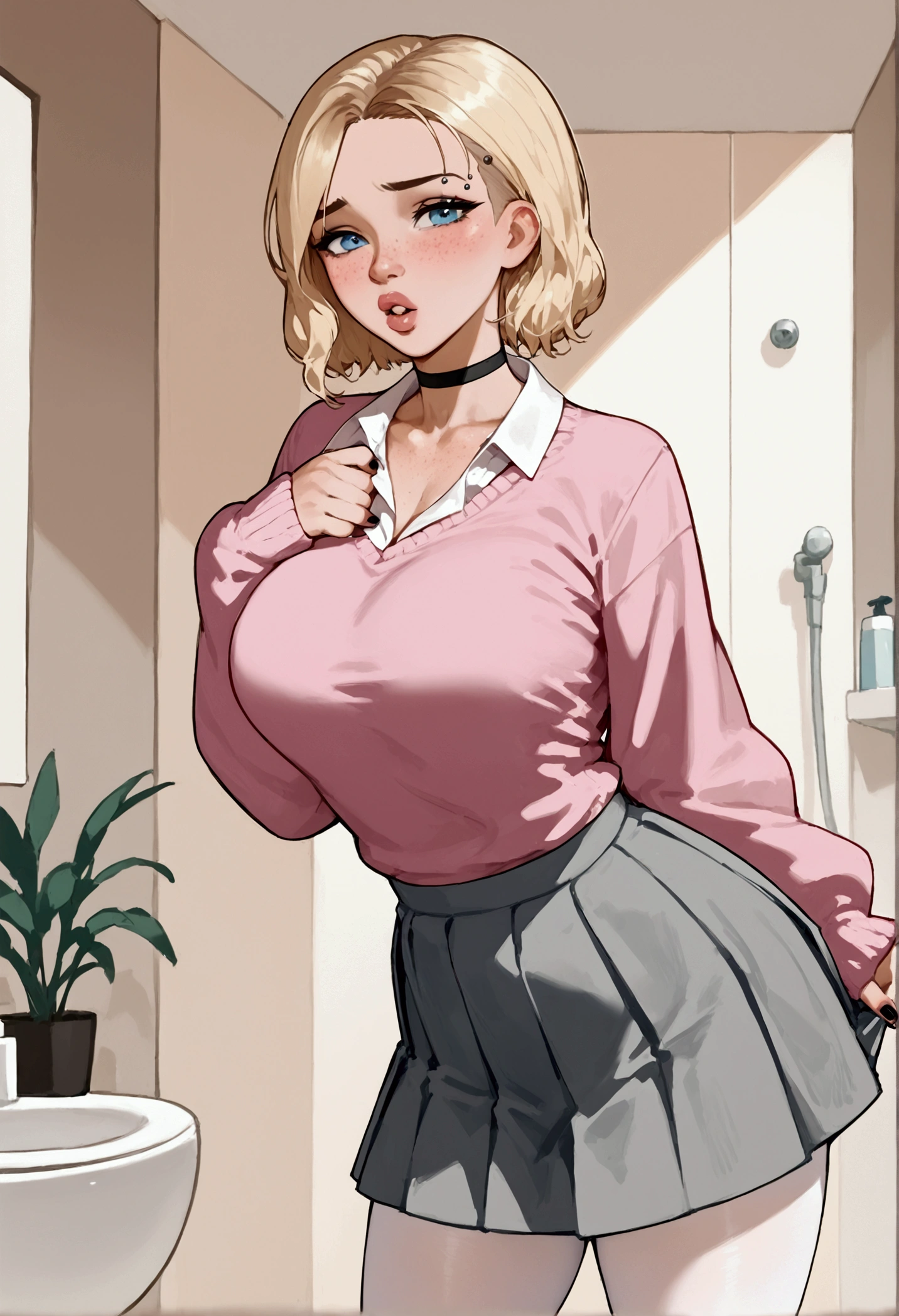 score_9, score_8_up, score_7_up, score_9, BREAK, GwenstacySDXL, 1girl,big breasts, solo, looking at viewer, blush, short hair, blue eyes, skirt, blonde hair, shirt, long sleeves, standing, collarbone, pantyhose, cowboy shot, pleated skirt, teeth, choker, collared shirt, indoors, miniskirt, medium hair, nail polish, sweater, lips, sleeves past wrists, makeup, piercing, black nails, grey skirt, freckles, white pantyhose, bathroom, pink sweater, eyebrow piercing, thick lips