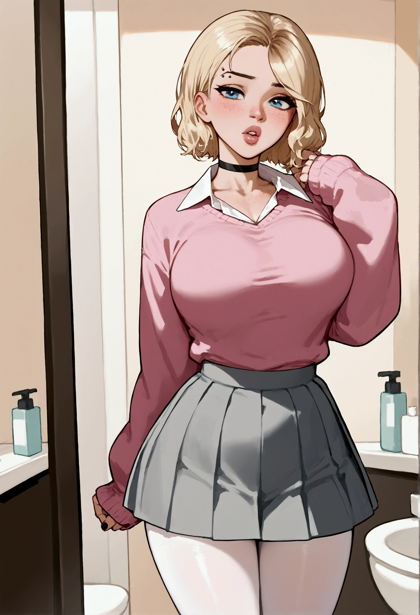 score_9, score_8_up, score_7_up, score_9, BREAK, GwenstacySDXL, 1girl,big breasts, solo, looking at viewer, blush, short hair, blue eyes, skirt, blonde hair, shirt, long sleeves, standing, collarbone, pantyhose, cowboy shot, pleated skirt, teeth, choker, collared shirt, indoors, miniskirt, medium hair, nail polish, sweater, lips, sleeves past wrists, makeup, piercing, black nails, grey skirt, freckles, white pantyhose, bathroom, pink sweater, eyebrow piercing, thick lips