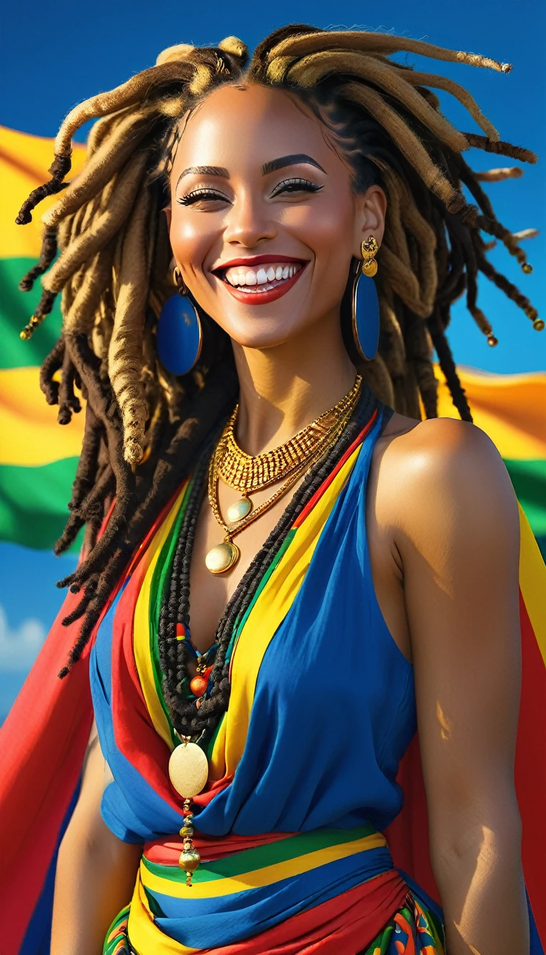 ((best qualityer)), ((8k)), Singer Tyla, with dreadlocks, beautiful and sensual, wonderful, powerful, goddess of beauty, wearing low-cut African clothes, with pure gold earrings and necklace, best smile in the world, bluish background with the colors of the flag of Cape Verde, very well detailed, a true masterpiece, seamless.
