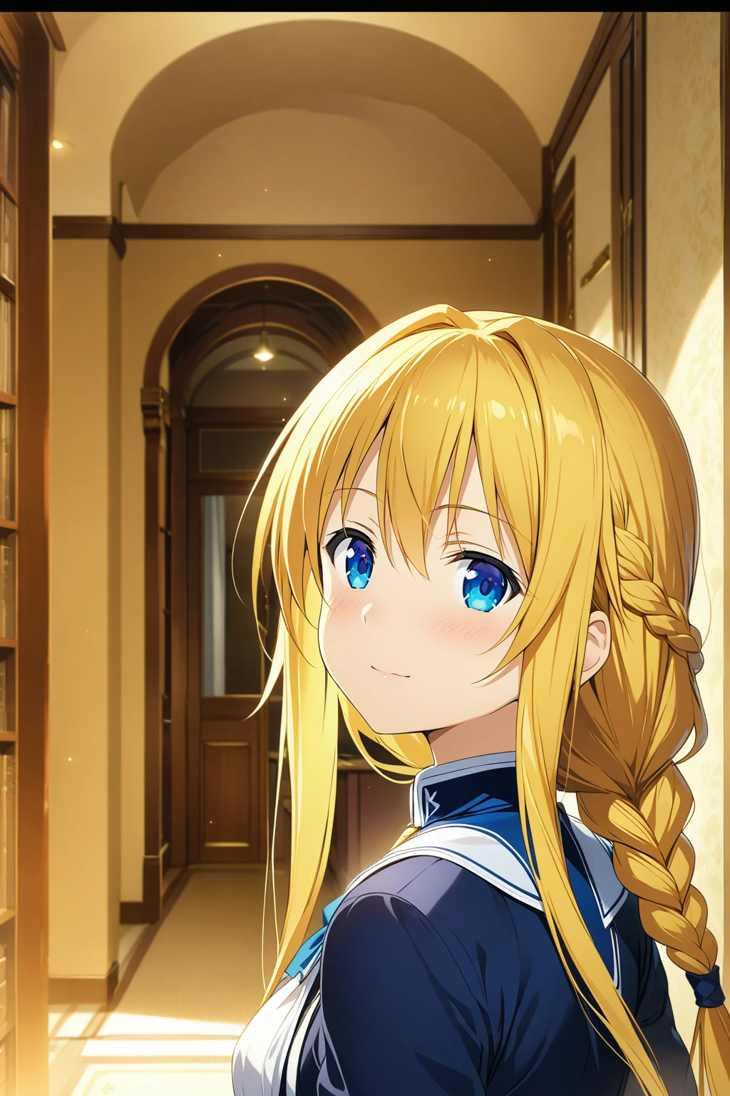 Highest quality、Very detailed、High resolution illustrations、Ultra-high-definition CG、８k size wallpaper、Production art、Light Novel Illustration、alice zuberg, bangs, blue eyes, blonde hair, hair between eyes, very long hair, braid,