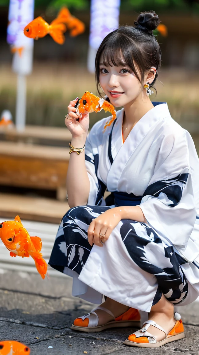 (masterpiece, Highest quality:1.3), smile、(Very detailed:1.2), (hyperRealistic:1.3), (RAW Photos:1.2),(smileで歩く:1.8)、High resolution raw color photos, Professional photos, (PhotoRealistic:1.4), (Realistic:1.4),(Small Nose:1.4)、Big eyes、(Summer festival:1.4)、Long eyelashes、Professional Lighting, Perfect ???????, (Very large breasts:1.2), (Detailed face), (Cute appearance:1.5), (Black hair bun:1.5), necklace, bracelet,   (A beautiful woman in a yukata: 1.3)、(Multiple ear piercings:1.4)、(背景はSummer festival)、(Goldfish scooping:2.0)、(Focus on the whole body:1.8)、(squatting:1.8)
