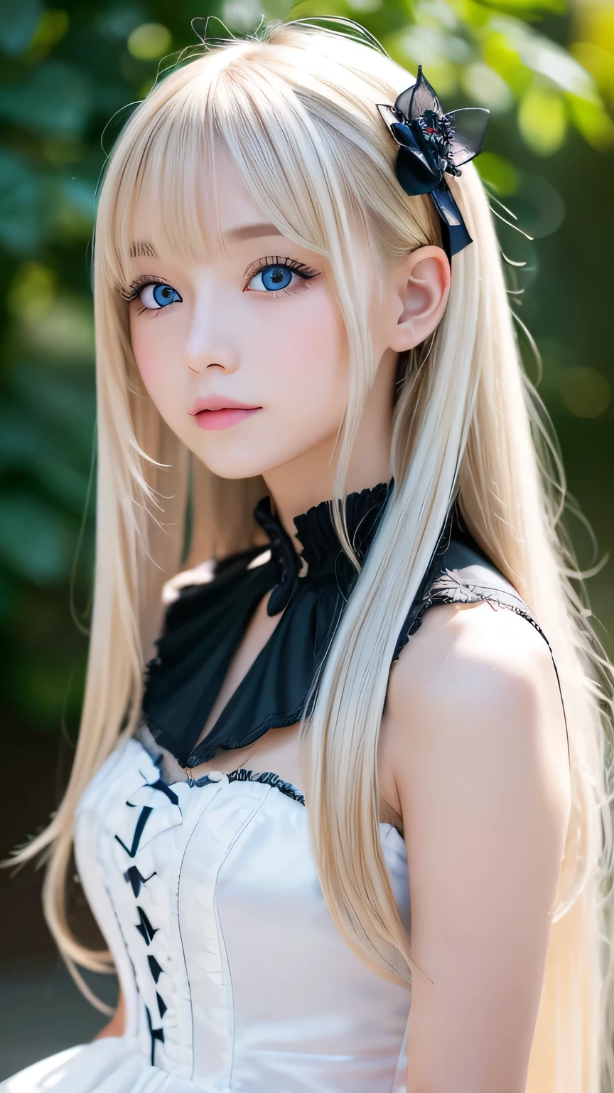 8k,Highest quality,The real picture,Intricate details,超A high resolution,Depth Field,Masseter muscle area,Natural soft light,Professional Lighting,1 girl,(cute:1.2),(Gothic Lolita Fashion),Bright expression,Young shiny glossy white glossy skin,The best beauty,The ultimate beautiful girl,The most beautiful platinum blonde hair in the world,Shiny bright hair,Long silky hair,Shiny beautiful bangs,Sparkling, crystal clear, attractive blue eyes,Very beautiful, lovely, cute1, baby-faced girl、Hair blowing in the wind