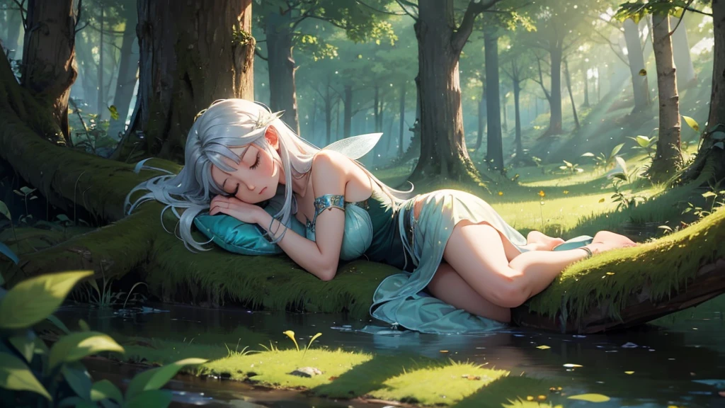 fairy girl ,sleeping in the forest, siver hair,hight quality,4k
