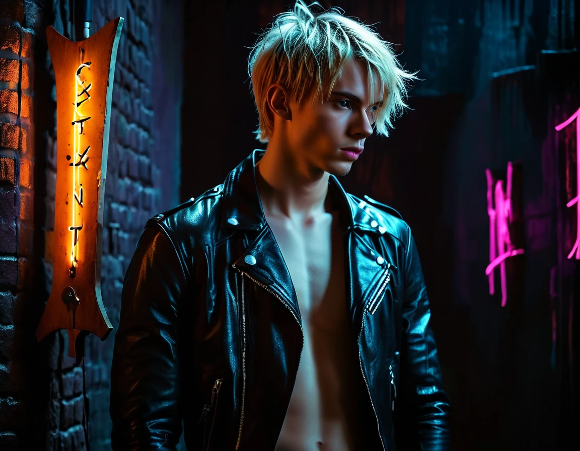 Photorealistic, dark vibes, solo, young man, facing camera, 22 years, pale skin, model (skinny:1.3), (short textured messy blond hair with fringe:1.5), (black leather jacket:1.3), holding knife, dark lighting, BDSM dungeon background, foreboding, sexy, (1 neon sign that says:"CONTEXT":1.8)