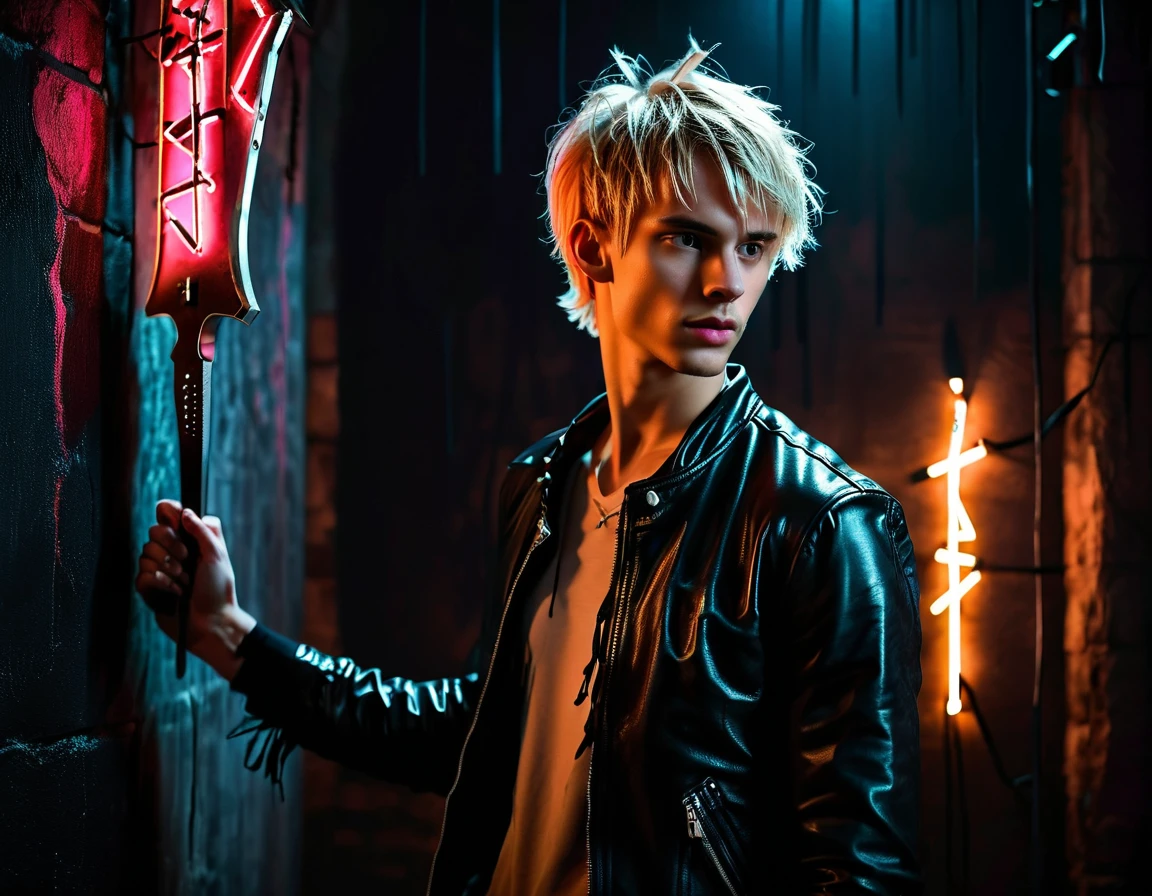 Photorealistic, dark vibes, solo, young man, facing camera, 22 years, pale skin, model (skinny:1.3), (short textured messy blond hair with fringe:1.5), (black leather jacket:1.3), holding knife, dark lighting, BDSM dungeon background, foreboding, sexy, (1 neon sign that says:"CONTEXT":1.8)