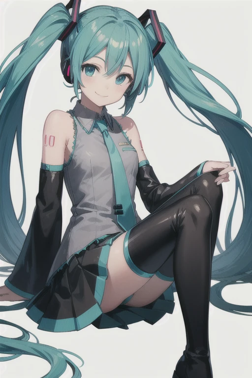 1girl, solo, hatsune miku, smile, sleeveless shirt, grey shirt, detached sleeves, necktie, arm tattoo, skirt, thighhighs, thigh boots, looking at viewer