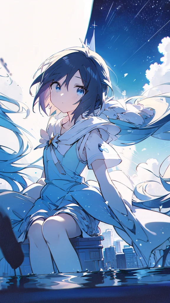 Seven-doppelganger shot,Anime style 4K,High quality anime art style,Standing painting,Splash ink background,Blue Themes、Pure white background,Buildings,Face close-up,Buildings,Moon and sun、Shining Star々,milky way,Bright Sky,Looking at me,Facing forward,Clear eyes and nose,cute,beautiful,Thin legs,sitting by the water, black hair, Blue eyes, girl, bob, front, cute,Blue Background,Blonde,Short Bob