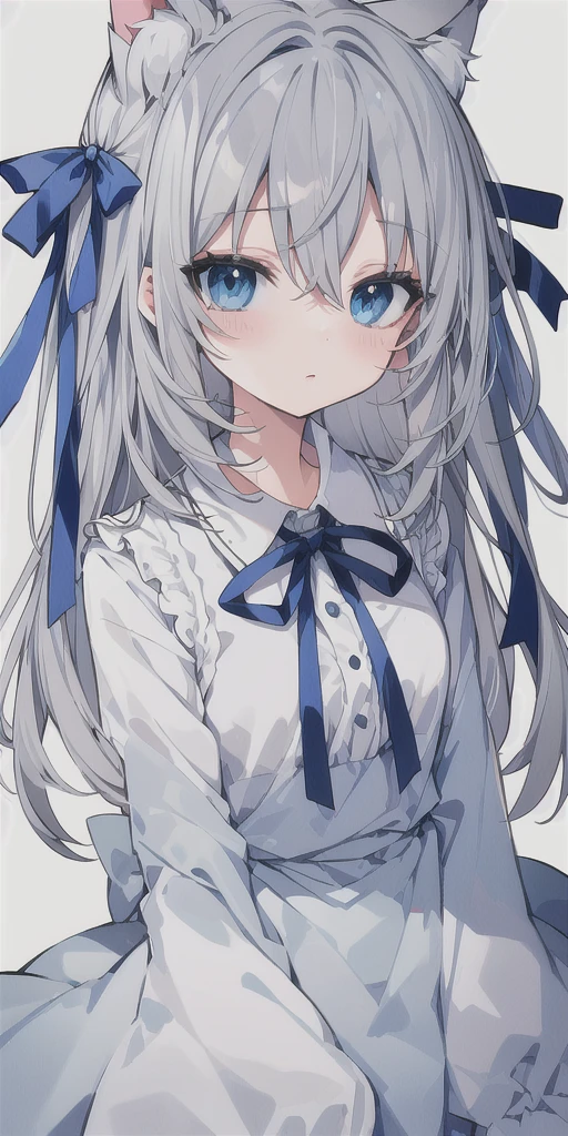 Gray Hair,Light blue eyes,Cat ear,Half Twin,ribbon