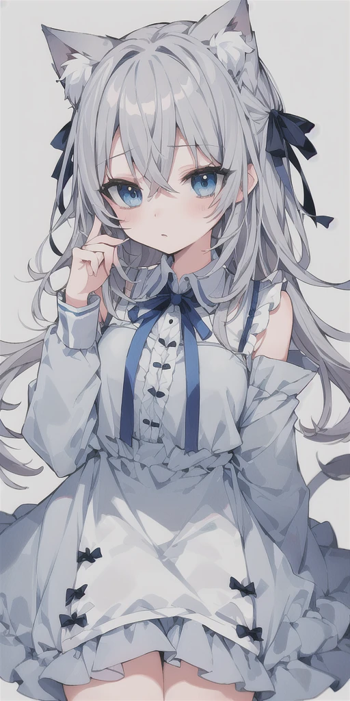 Gray Hair,Light blue eyes,Cat ear,Half Twin,ribbon