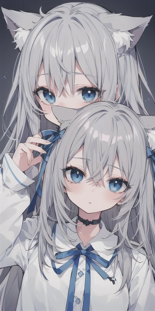 Gray Hair,Light blue eyes,Cat ear,Half Twin,ribbon