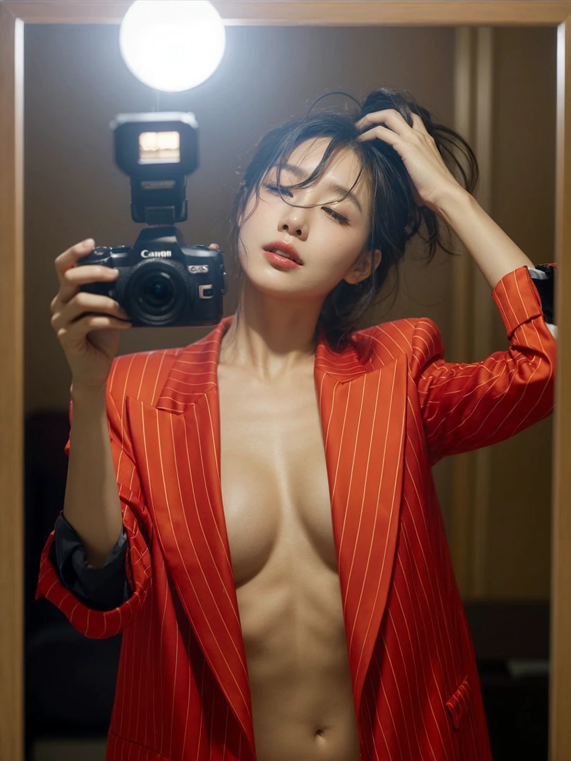 A korean woman takes a mirror selfie with a Canon EOS camera. The camera's flash illuminates the scene, creating a bright glare in the mirror. she has a pear body shape with an larged-size breast, She wears a bright red, vertically striped blazer with rolled-up sleeves, left open to reveal her bare larged-size breast. Her expression is serene, with her eyes slightly closed and her head tilted slightly to one side as she touches her hair with her other hand, messy wavy hair. The background appears dim, giving prominence to the subject in the foreground.