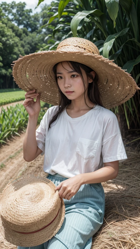 Create the image of a farmer with a straw hat on his head, in the middle of a plantation, similar to corn stalks, which instead of ears, produce money notes. This representation must be made as if it were a colored card.