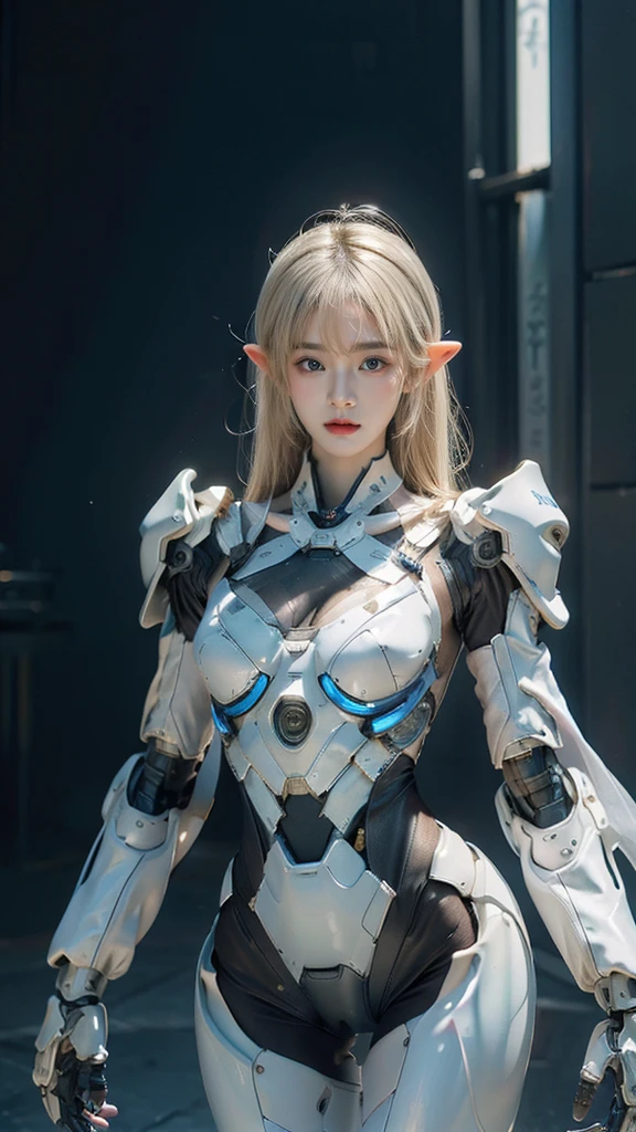 best quality, 1080P, Masterpiece, Whole body photo, Ultra high resolution, photorealistic photo, ultra realism, Realistic skin texture, light blonde hair, Extreme skin detail, dslr, Detailed eyes, Facing the camera, Very beautiful face, Firm facial structure, Pale skin, Realistic skin texture, Extreme skin detail, oc render reflection textures, Realistic light and shadow, One picture, alone, The body is slender and balanced.., Age 20, Height 170, สาวbare, bare, no underwear, A girl with the body of a mechanical robot.., Transparent futuristic black glass mech armor., Transparent light blue armor, The mechanical cervix is stuck in the neck.., Flat stomach, Woman with perfect mechanical arms and legs, full body view, Whole body photo, elf ears