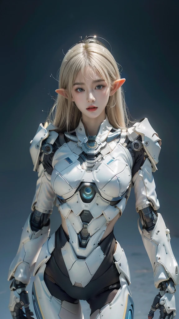 best quality, 1080P, Masterpiece, Whole body photo, Ultra high resolution, photorealistic photo, ultra realism, Realistic skin texture, light blonde hair, Extreme skin detail, dslr, Detailed eyes, Facing the camera, Very beautiful face, Firm facial structure, Pale skin, Realistic skin texture, Extreme skin detail, oc render reflection textures, Realistic light and shadow, One picture, alone, The body is slender and balanced.., Age 20, Height 170, สาวbare, bare, no underwear, A girl with the body of a mechanical robot.., Transparent futuristic black glass mech armor., Transparent light blue armor, The mechanical cervix is stuck in the neck.., Flat stomach, Woman with perfect mechanical arms and legs, full body view, Whole body photo, elf ears