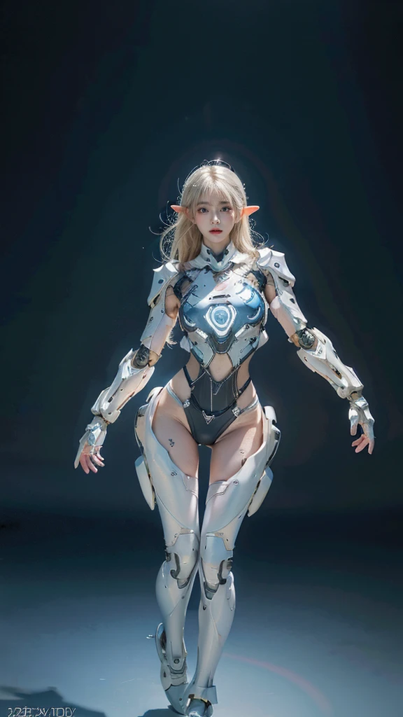best quality, 1080P, Masterpiece, Whole body photo, Ultra high resolution, photorealistic photo, ultra realism, Realistic skin texture, light blonde hair, Extreme skin detail, dslr, Detailed eyes, Facing the camera, Very beautiful face, Firm facial structure, Pale skin, Realistic skin texture, Extreme skin detail, oc render reflection textures, Realistic light and shadow, One picture, alone, The body is slender and balanced.., Age 20, Height 170, สาวbare, bare, no underwear, A girl with the body of a mechanical robot.., Transparent futuristic black glass mech armor., Transparent light blue armor, The mechanical cervix is stuck in the neck.., Flat stomach, Woman with perfect mechanical arms and legs, full body view, Whole body photo, elf ears