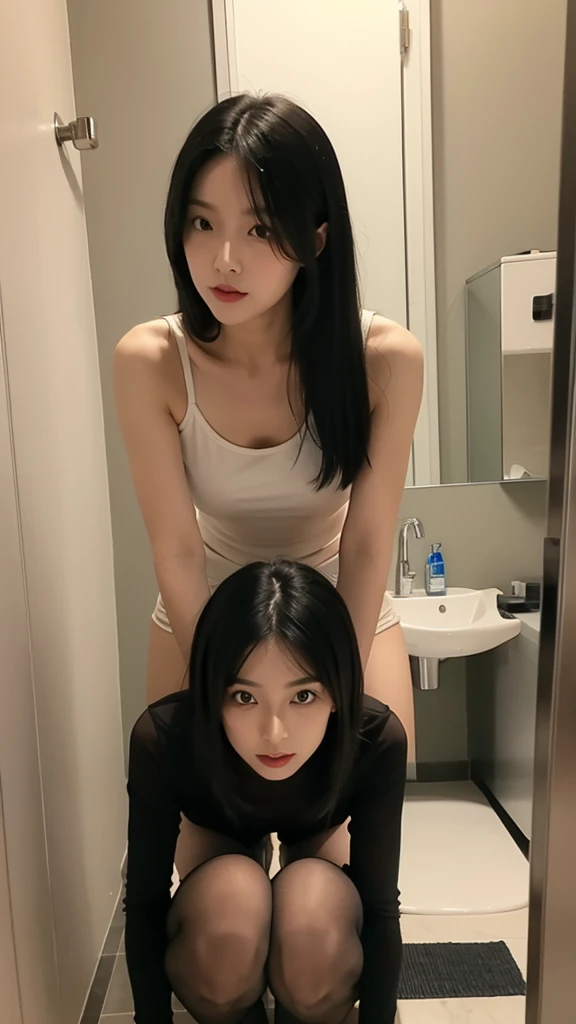 Selfie,Pantyhose,Crouching,With legs apart,front,From below,Black Hair,Straight Hair,Bathroom,