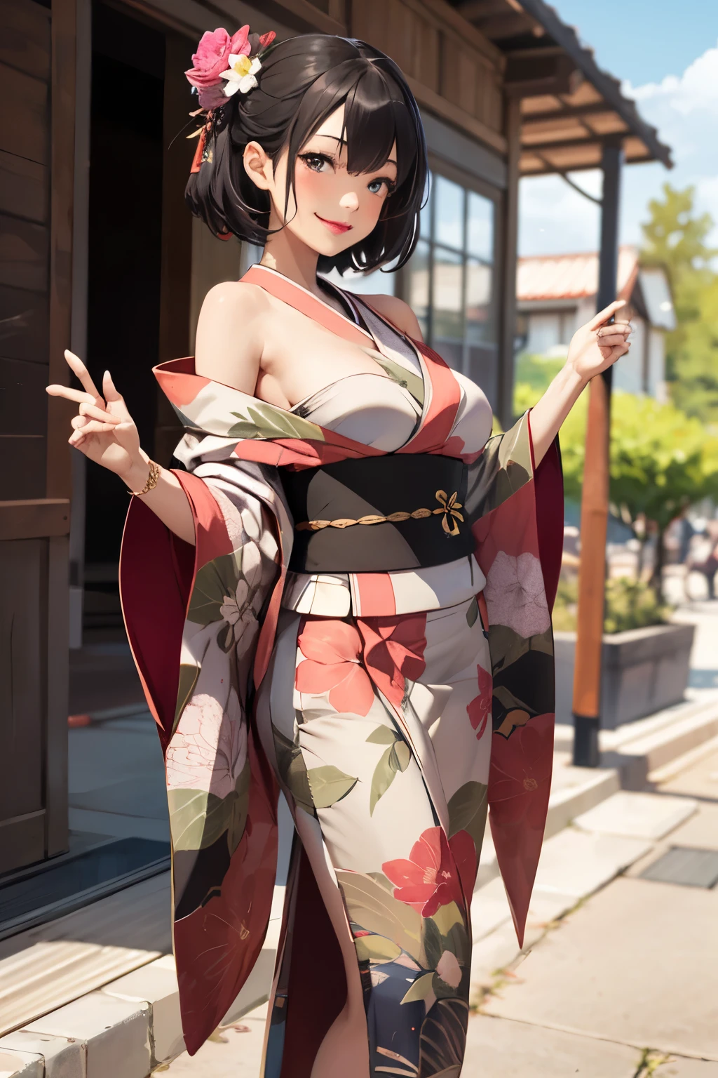 ((best quality)), ((Masterpiece)), (details), 1 girl,Kimono,welcome,open shoulder,Seductive,Smiling.,natural face,fit,With breasts,pink lipstick,Outdoors,black hair,full body