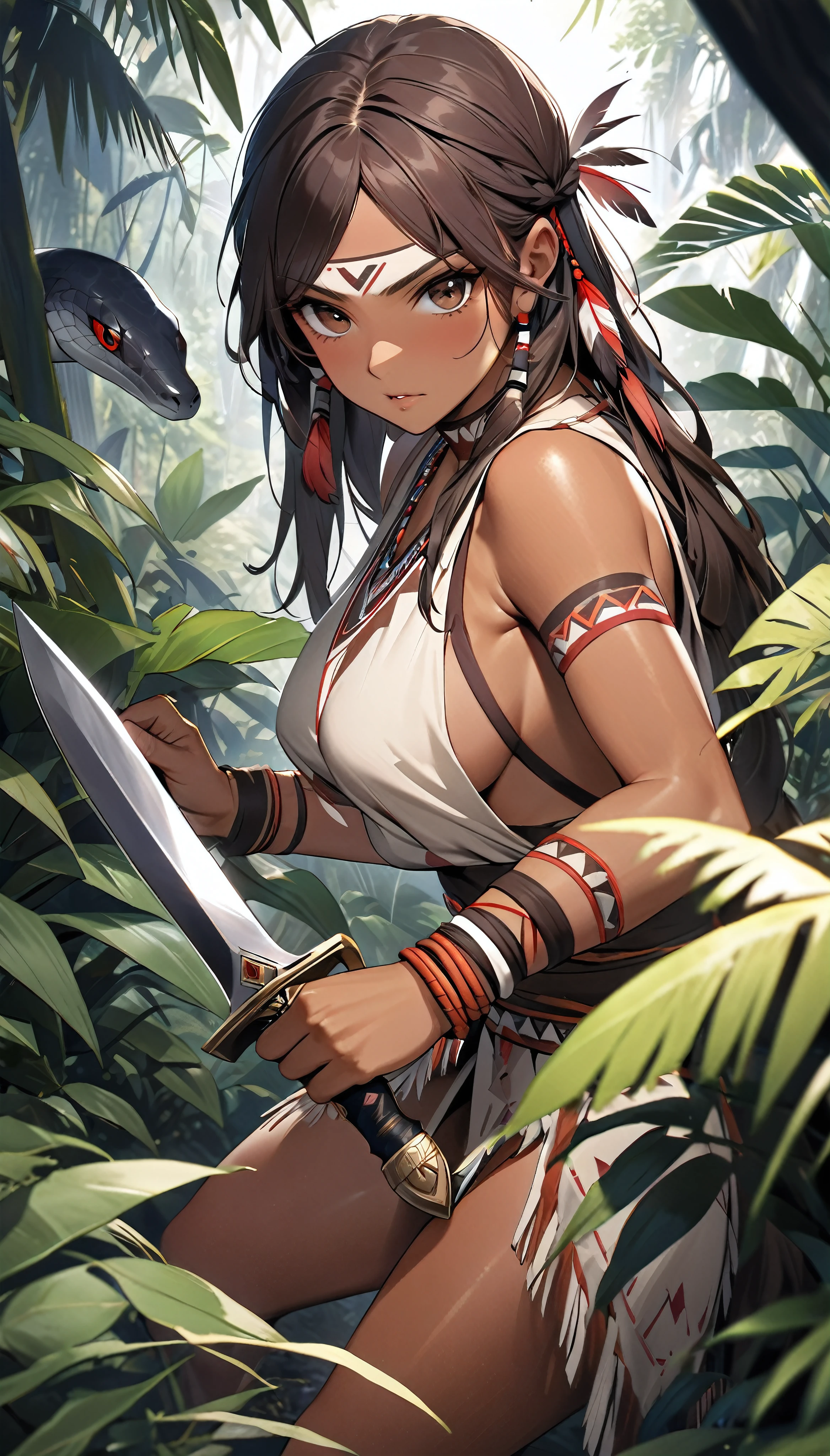 Best image quality, threaten, Holding a spear, primitive, ""paint"" Primary forest, In underwear, ""Primitive clothing"", woman, Black Hair, Tying up hair, 