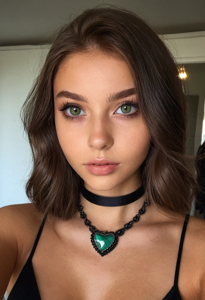 femme arafée avec un bikini noir et un collier, Fille sexy aux yeux verts, portrait sophie mudd, cheveux bruns et grands yeux, selfie d'une jeune femme, yeux de la chambre, violette myers, sans maquillage, maquillage naturel, regarder directement la caméra dans le miroir, visage avec artgram, maquillage subtil, superbe selfie dans le miroir, yeux verts perçants, Dans un centre commercial
