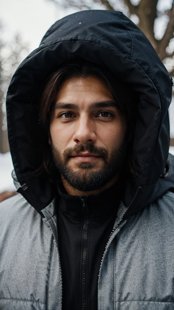 Man with beard, close up, winter jacket,