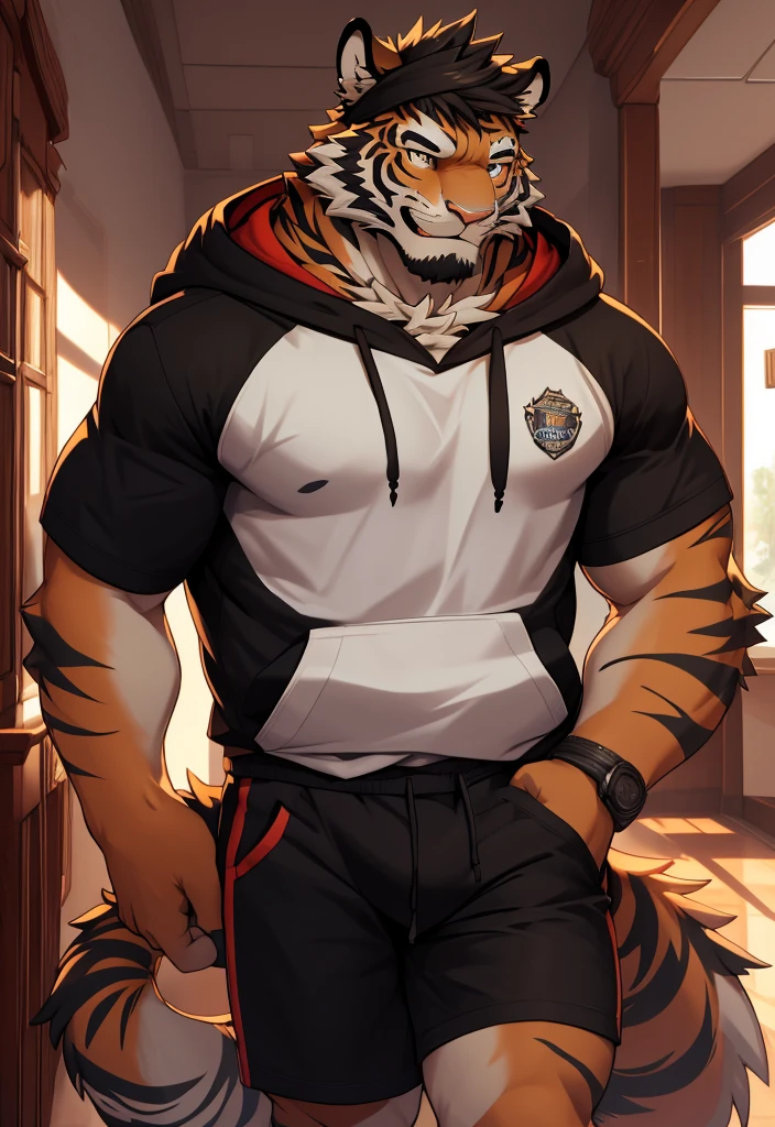 (masterpiece),(Very detailed),(best quality),8K,(high quality),(Ultra high quality),(Super detailed),Solitary,bust,tiger,hairy body,Furry Characters,hoodie,Black shorts,Best image quality,A kind smile,Father role,Eyes Details,Droopy ears,Airplane ears,school corridor,student,21 years old ,Tiger Orc,masterpiece,Fluffy tail,Meticulous facial details