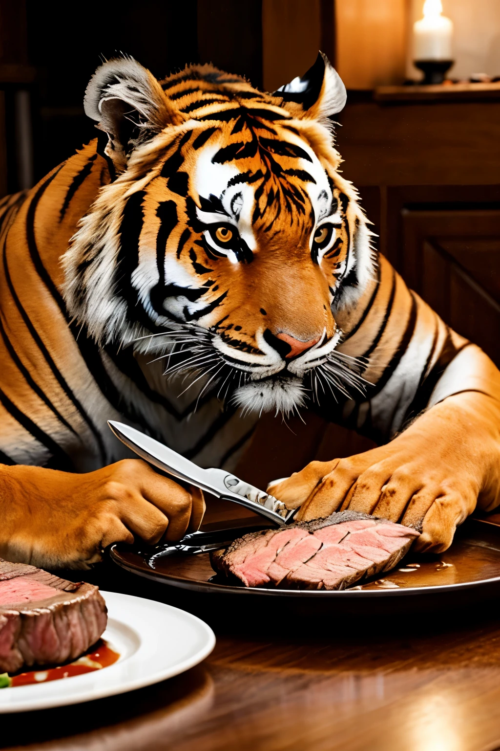Realistic tiger man, eats a piece of steak at the table with cutlery