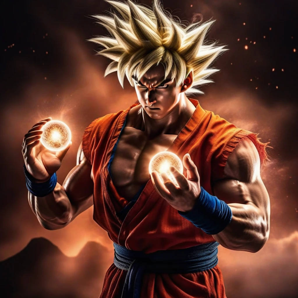 Goku1024 ,  a muscular man dressed in red, platinum blond hair, casting a powerfull spell, dramatic ball lightning between hands, dragon background, ancient chinese temple, highly detailed, photography, ultra sharp, film, bokeh, professional, 64k  