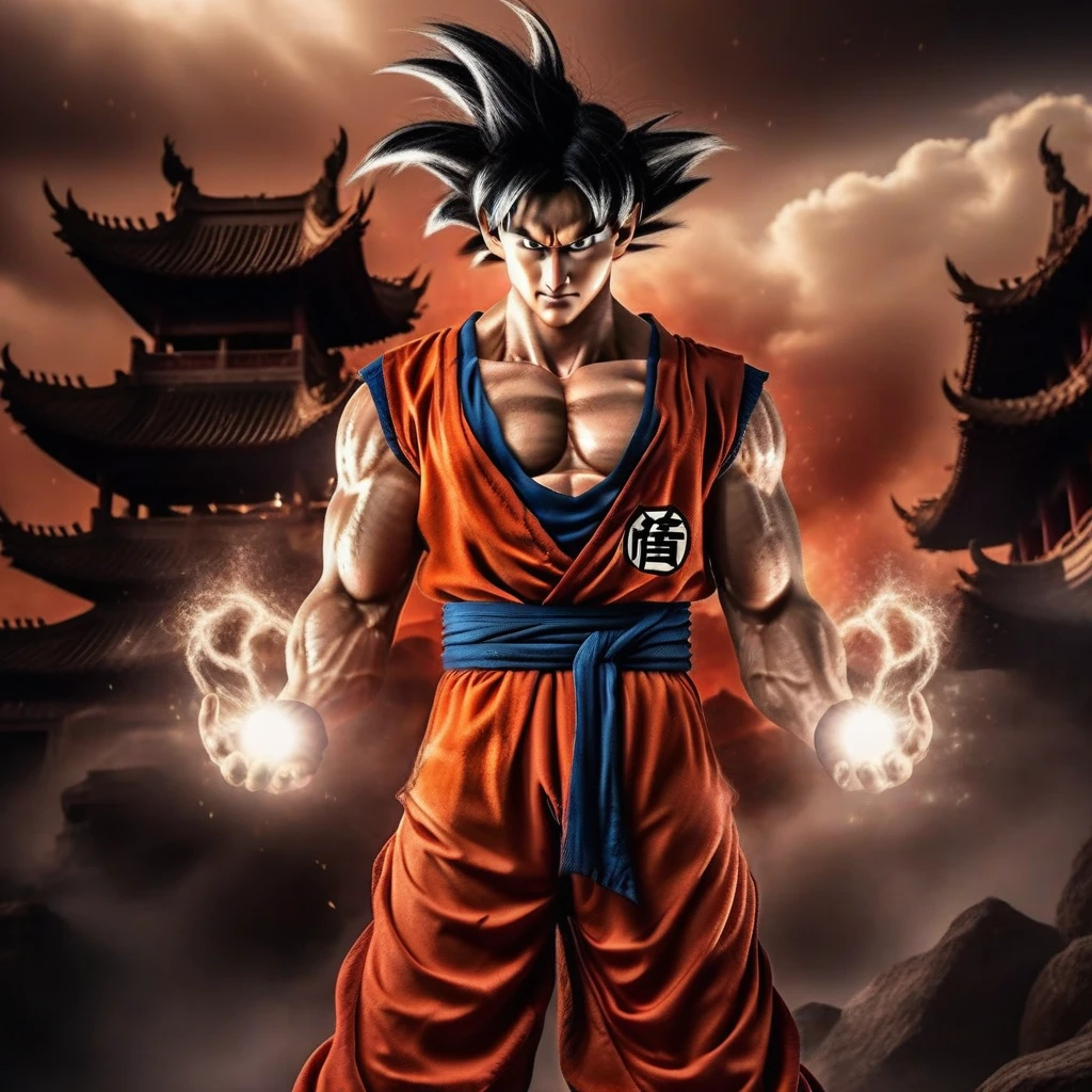 Goku1024 ,  a muscular man dressed in red, platinum blond hair, casting a powerfull spell, dramatic ball lightning between hands, dragon background, ancient chinese temple, highly detailed, photography, ultra sharp, film, bokeh, professional, 64k  