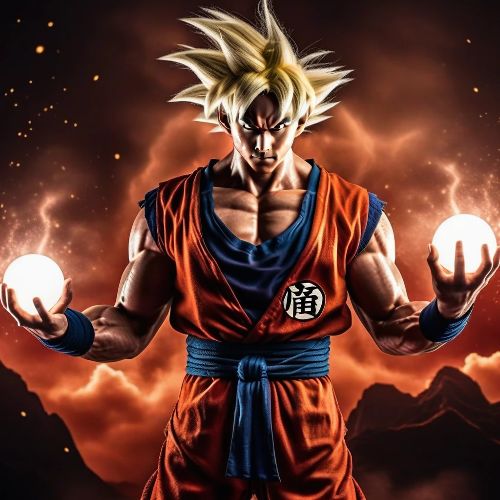 Goku1024 ,  a muscular man dressed in red, platinum blond hair, casting a powerfull spell, dramatic ball lightning between hands, dragon background, ancient chinese temple, highly detailed, photography, ultra sharp, film, bokeh, professional, 64k  