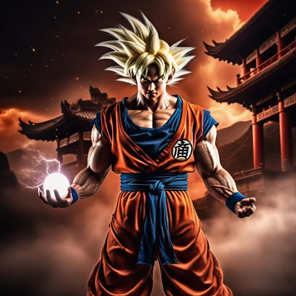 Goku1024 ,  a muscular man dressed in red, platinum blond hair, casting a powerfull spell, dramatic ball lightning between hands, dragon background, ancient chinese temple, highly detailed, photography, ultra sharp, film, bokeh, professional, 64k  