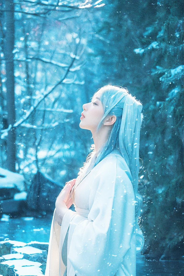 An enchanting and ethereal illustration of a Yuki-Onna, a character from Japanese folklore, set against a snowy mountain backdrop with a blizzard swirling around. She has long, flowing silver hair that glistens in the icy environment, complementing her pale, almost translucent skin. Her eyes are deep and captivating, reflecting the cold beauty of her surroundings. She wears a traditional Japanese kimono that is white with subtle blue patterns, blending seamlessly with the snowy landscape. The Yuki-Onna's pose is graceful and mysterious, embodying the chilling allure of the snow spirit. The overall atmosphere of the illustration is haunting yet beautiful, capturing the essence of this legendary figure in the midst of a snowstormHere is an illustration depicting the scene where a Yuki-Onna, an alluring figure with silver hair from Japanese folklore, is blowing a cold breath towards a hunter. The scene is set in a snow-covered mountain amidst a blizzard, featuring the ethereal Yuki-Onna and the hunter receiving her icy breath.