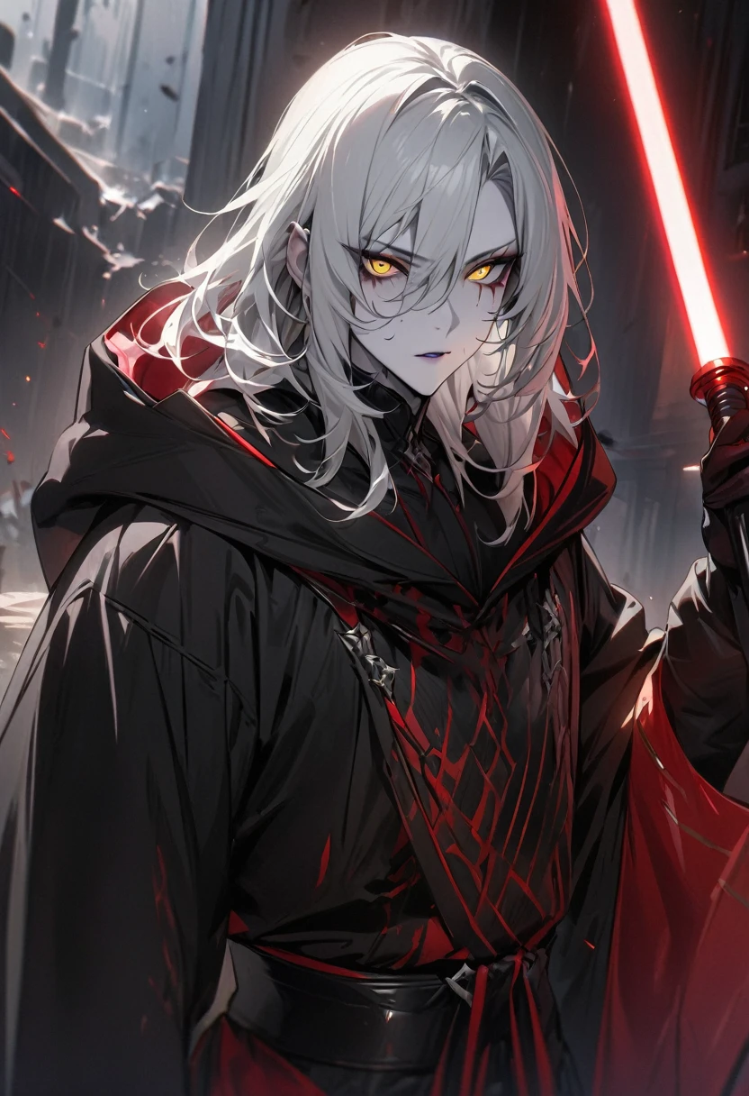(masterpiece:1.2),(best quality:1.2),(masterpiece, best quality, ultra-high resolution), (Male character), White-haired Sith Master. Long white hair, bright yellow and malevolent eyes, pale skin with marked scars, black tunic with hood, red and metallic details on clothing, red lightsaber.