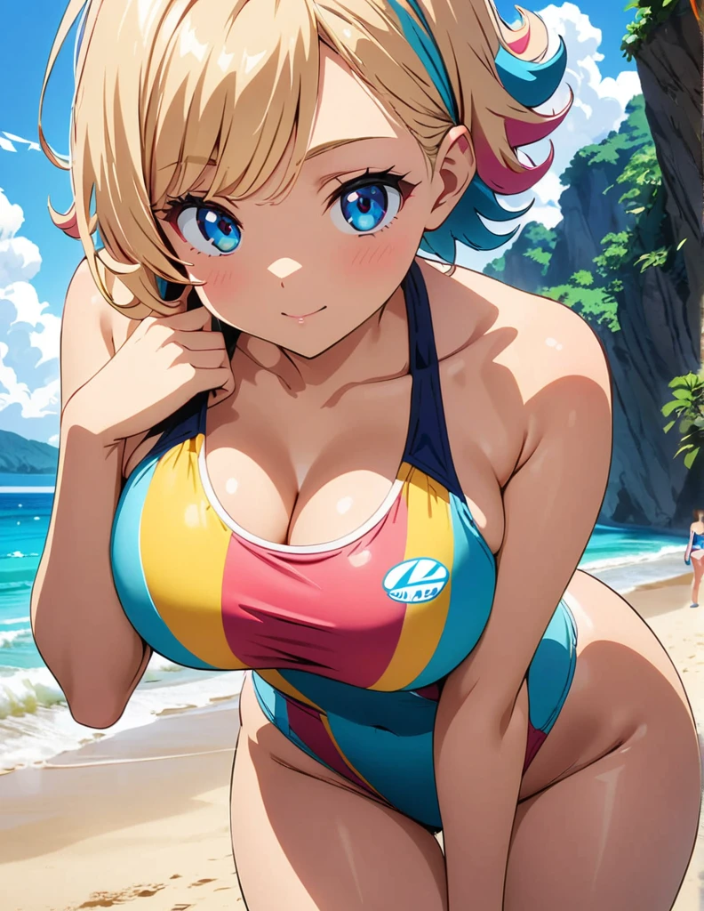 (anime artwork, anime style, studio anime, very detailed, up to date, vibrant, Anime Coloring, high contrast, masterpiece:1.2, best quality, best aesthetics),2 girl,hug from behind,swim suits, Medium chest, A glimpse of thighs,random hair, One eye is hidden by the bangs, perfect proportions, high detail skin, Cute, detailed faces,beach, precise fingers,curvy,swim suits crowd, light brown skin, swim suits tanned,