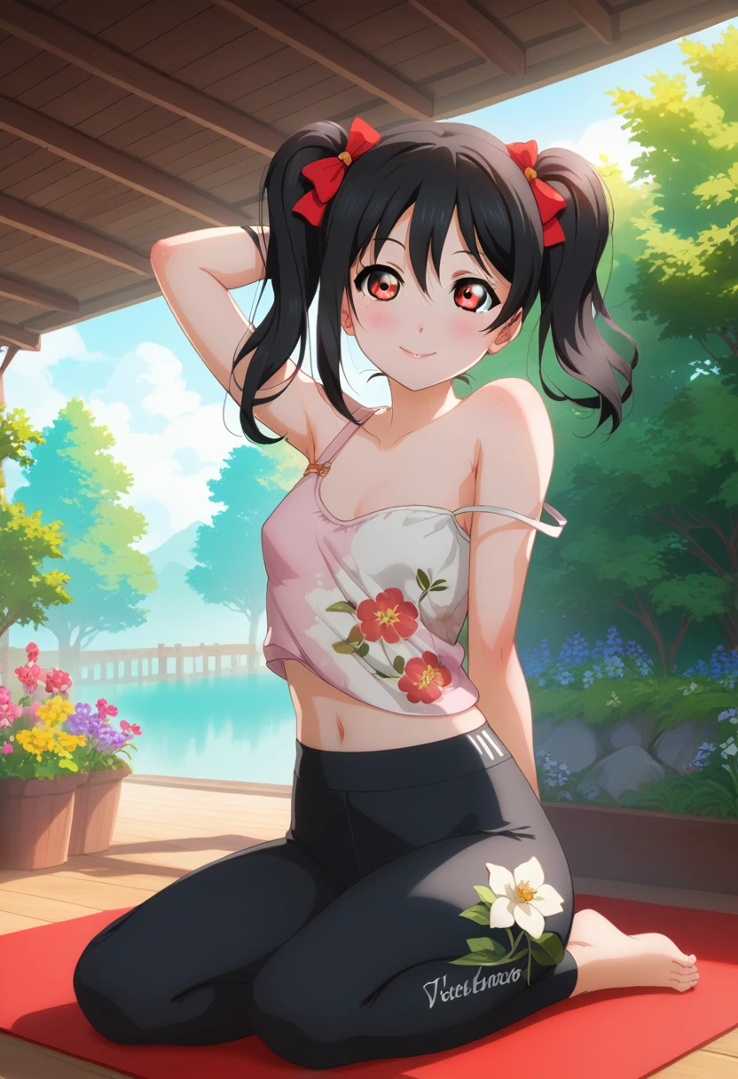 masterpiece, best quality,yazawa nico, black hair, twintails, red eyes, volumetric lighting, illustration, beautiful, tight , Blushing, breasts, looking at viewer, flowers printed tank top, yoga pants,solo, curvy body,floral print, strap slip, seductive smile, (arms behind back, head tilt:1.1),(breathtaking scenery:1.1), tree, blushing full body shot, one breast out 