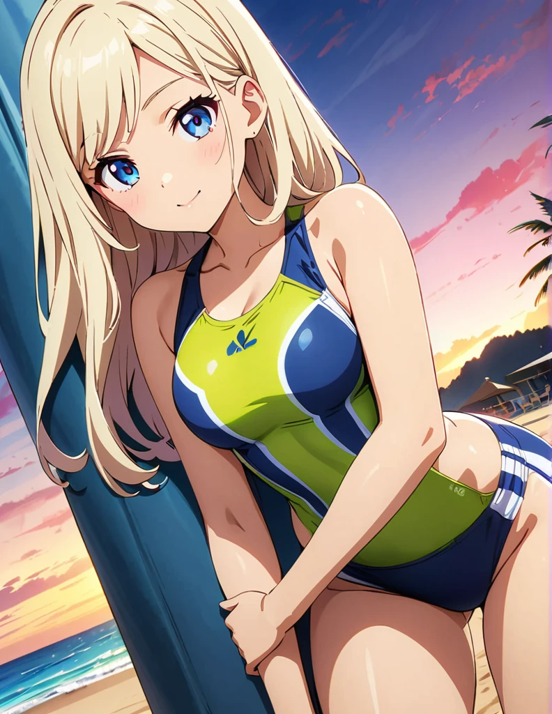 (anime artwork, anime style, studio anime, very detailed, up to date, vibrant, Anime Coloring, high contrast, masterpiece:1.2, best quality, best aesthetics),2 girl,hug from behind,swim suits, Medium chest, A glimpse of thighs,random hair, One eye is hidden by the bangs, perfect proportions, high detail skin, Cute, detailed faces,beach, precise fingers,curvy,swim suits crowd, light brown skin, swim suits tanned,