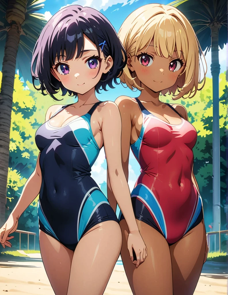 (anime artwork, anime style, studio anime, very detailed, up to date, vibrant, Anime Coloring, high contrast, masterpiece:1.2, best quality, best aesthetics),2 girl,hug from behind,swim suits, Medium chest, A glimpse of thighs,random hair, One eye is hidden by the bangs, perfect proportions, high detail skin, Cute, detailed faces,beach, precise fingers,curvy,swim suits crowd, light brown skin, swim suits tanned,
