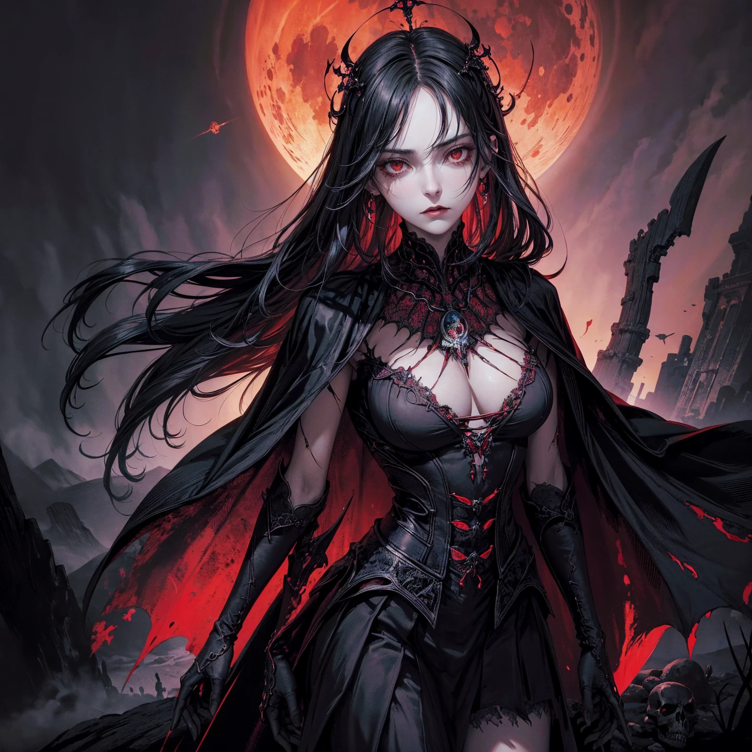 best quality, 4K, high resolution, masterpiece:1.2, Very detailed, actual:1.37, Mood lighting, An Undead Lich Girl in a long cape, Half of the girl's face is only a skeleton skull without any flesh, The girl's hands and arms only have bones without any flesh, Wearing a ragged gothic skirt, Aloofness emotion, Dangerous sneer, Black Hair, Standing, Facing the camera, Crucified, Pitch black sky, Blood-red moon, strange atmosphere, Gothic style, Unforgettable beauty, Dramatic shadows, Ethereal Light, Mysterious atmosphere.