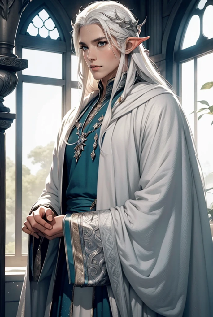 Tall, handsome, stately, courageous King Thranduil, platinum blond, king of the elves, he has long straight platinum hair, blue eyes, royal silver elven robes.Realistic image.