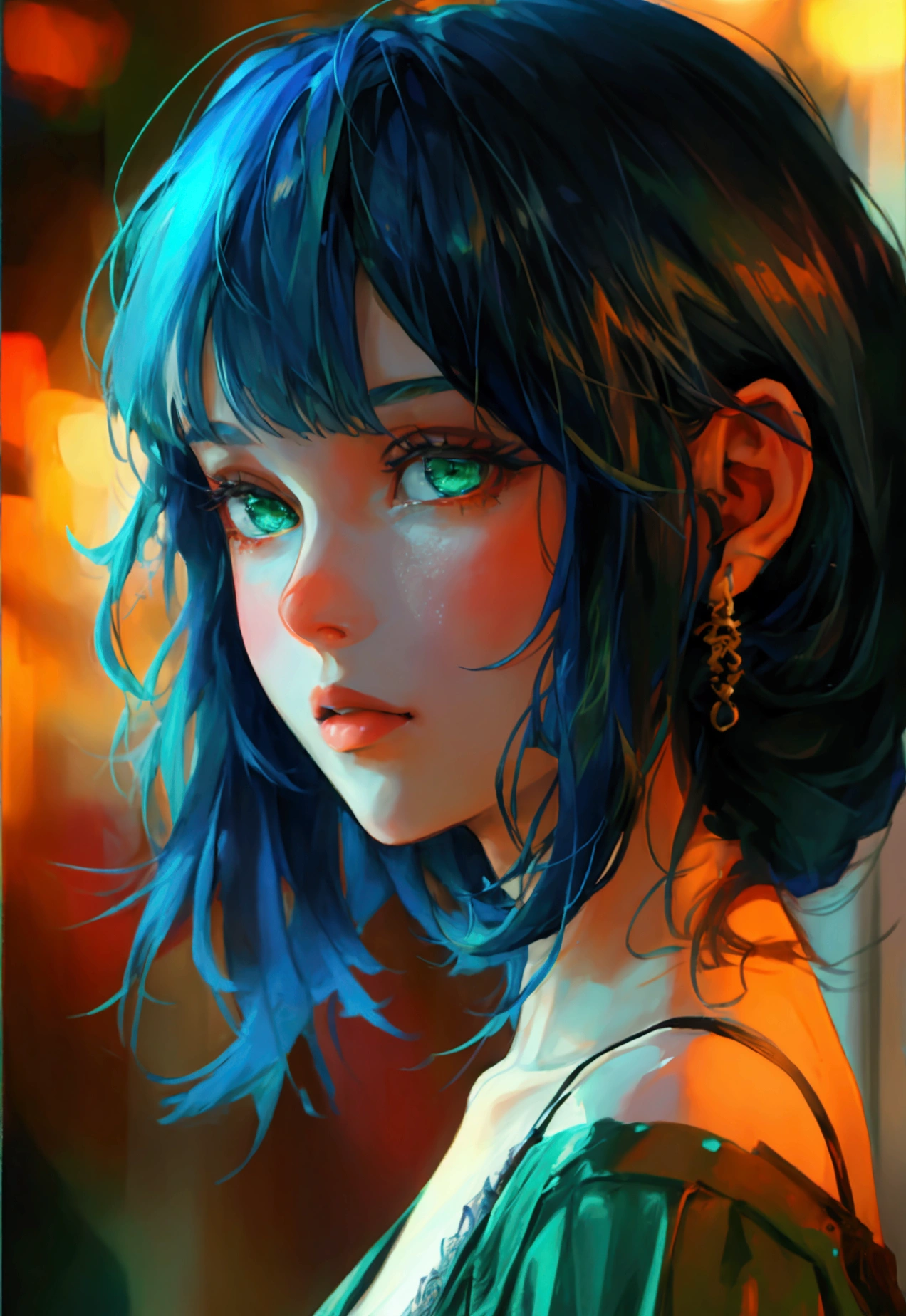 Girl with dark blue hair, green eyes,tall,rectangular body figure, casual clothes