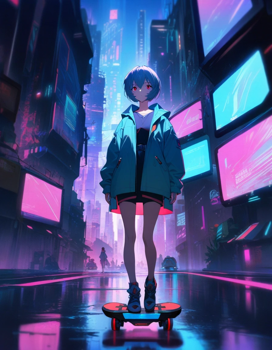 1girl, ayanami rei, neon genesis evangelion, blue short hair, red eyes, Futuristic cyberpunk city at night, neon lights reflecting off rain-slicked streets. Girl standing on a high-tech hover board, surrounded by holographic displays, masterpiece, best quality, absurdres. Deep blues, purples, and cool teals dominating the color scheme.