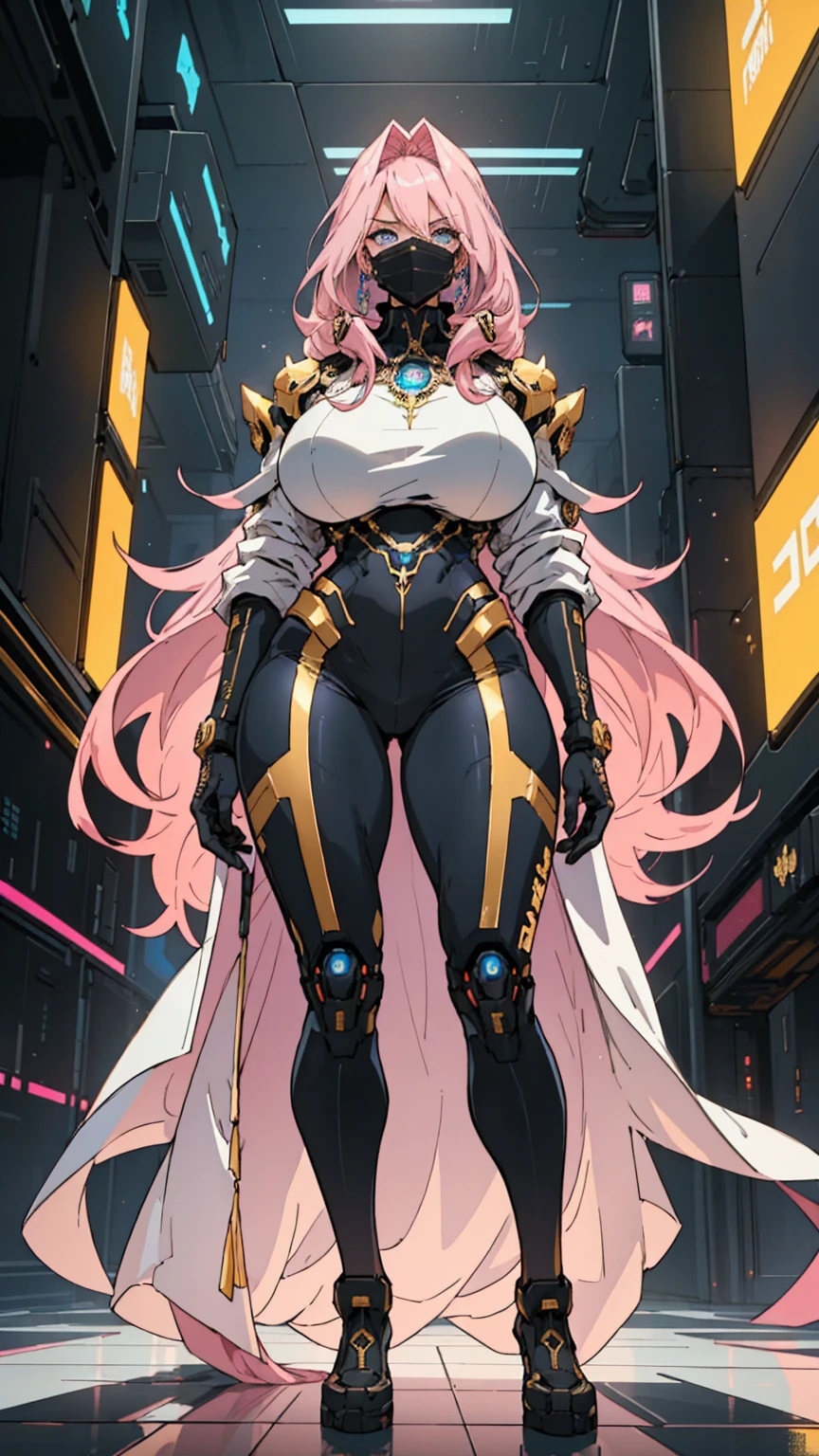 1 confident woman with floor-length pink hair, huge and big breasts, Futuristic royal costume in white with black and gold details, tall woman, blue detailed eyes,  , judgmental look, golden metal skulls, sovereign pose, cyberpunk queen, lonely girl, 35 year old
