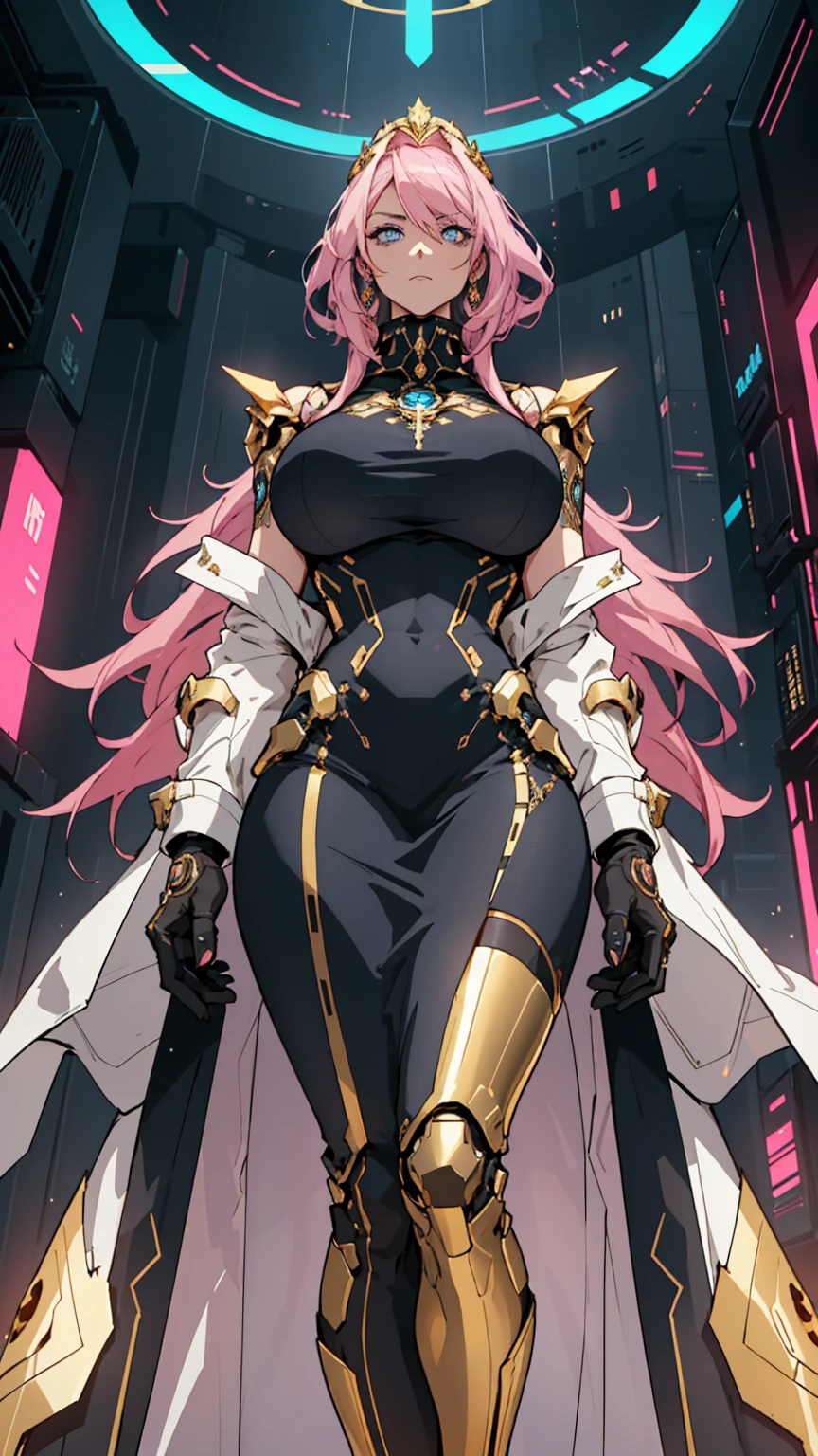 1 confident woman with floor-length pink hair, huge and big breasts, Futuristic royal costume in white with black and gold details, tall woman, blue detailed eyes,  , judgmental look, golden metal skulls, sovereign pose, cyberpunk queen, lonely girl, 35 year old
