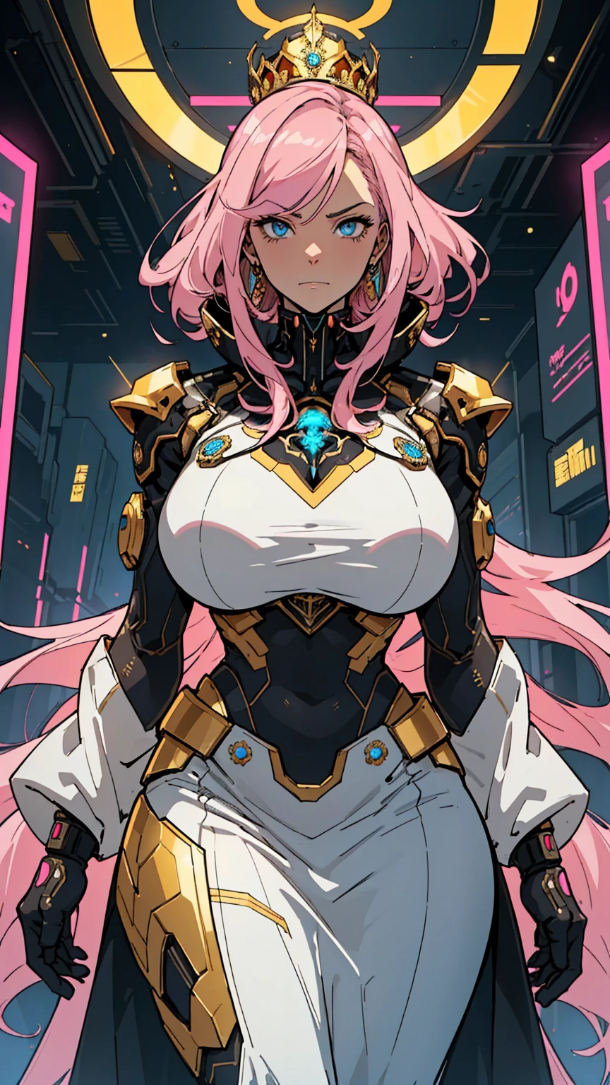 1 confident woman with floor-length pink hair, huge and big breasts, Futuristic royal costume in white with black and gold details, tall woman, blue detailed eyes, , judgmental look, golden metal skulls, sovereign pose, cyberpunk queen, lonely girl, 35 year old