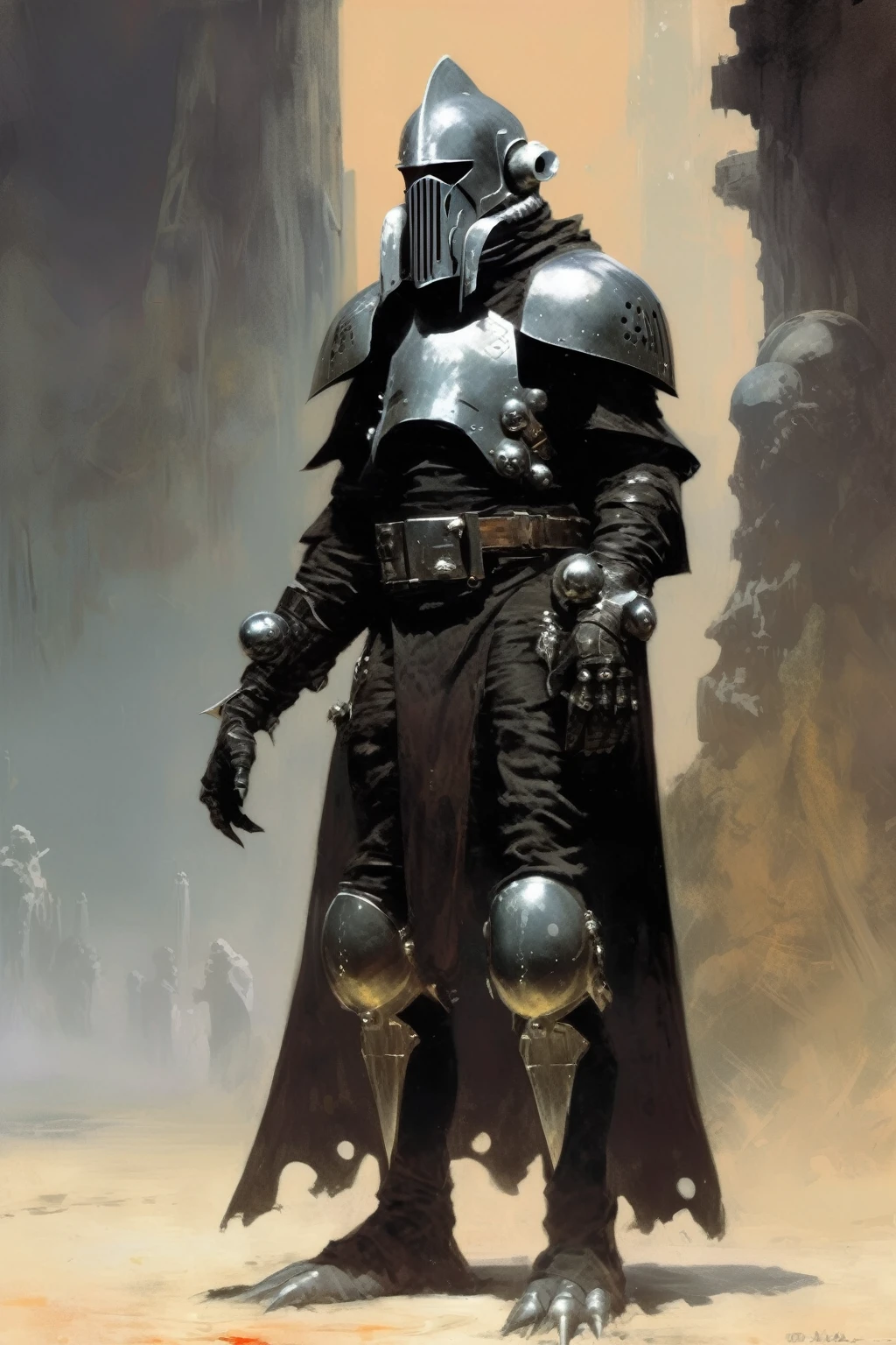 A inquisitor, sith, concept art, cyberpunk, stranger, fighter, star wars, black and silver heavy armor, heavy helmet, frank frazetta style, alone, alien ambient