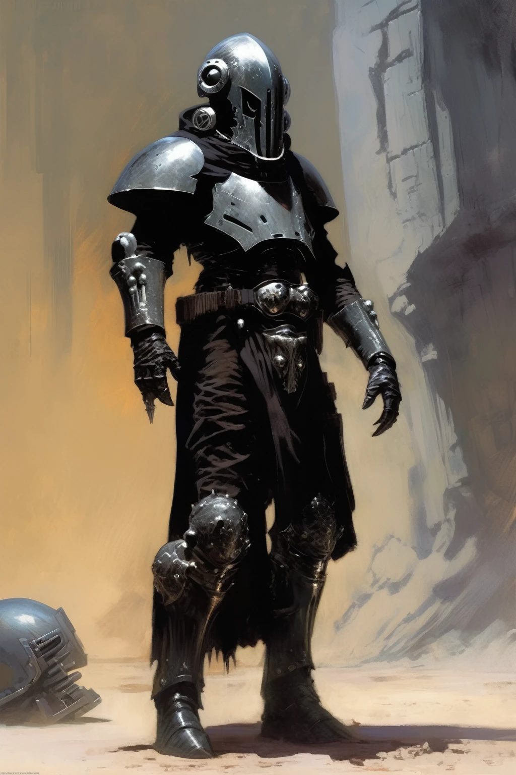 A inquisitor, sith, concept art, cyberpunk, stranger, fighter, star wars, black and silver heavy armor, heavy helmet, frank frazetta style, alone, alien ambient