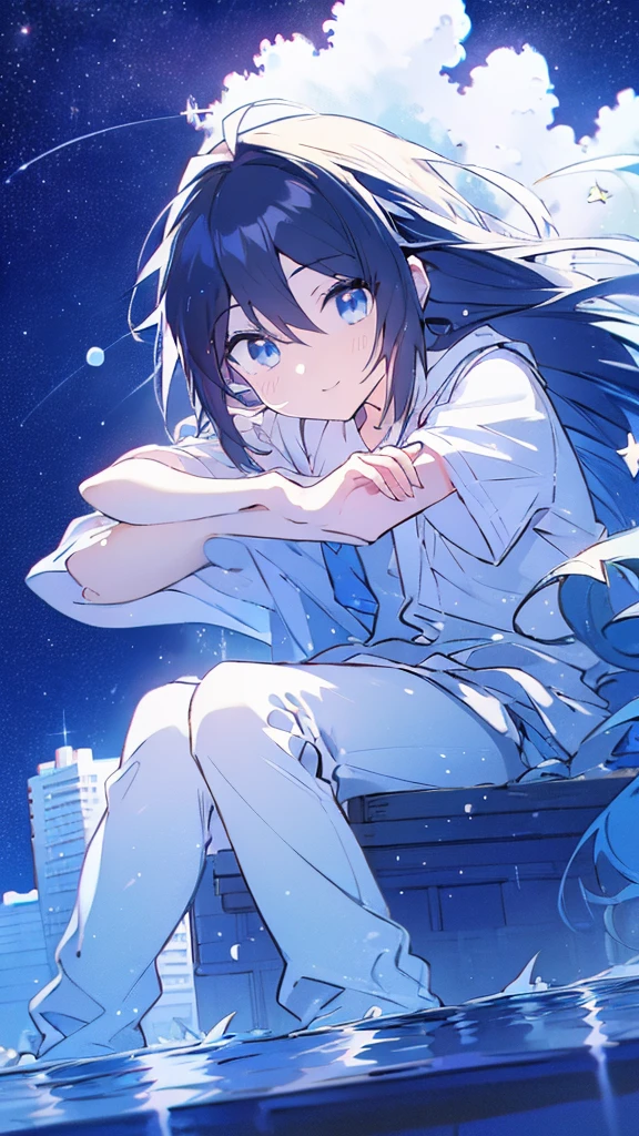 Seven-doppelganger shot，Anime style 4K,High quality anime art style，Standing painting，Splash ink background，Blue Themes、Pure white background,Buildings,Face close-up,Buildings,Moon and sun、Shining Star々,milky way,Bright Sky,Looking at me,Facing forward,Clear eyes and nose,cute,beautiful,Thin legs,sitting by the water, black hair, Blue eyes, girl, bob, front, cute,Blue Background,Brown Hair,Long Hair,Tokyo,Buildings