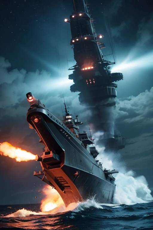 A huge battleship firing its main guns in the night sea for the cover of a novel