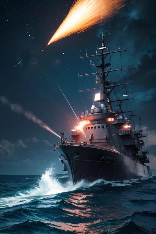 A huge battleship firing its main guns in the night sea for the cover of a novel